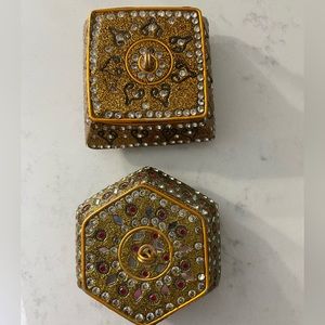 2 small (2.75” x 2.75” x .75”) delicately embellished jewels/pins/trinkets boxes